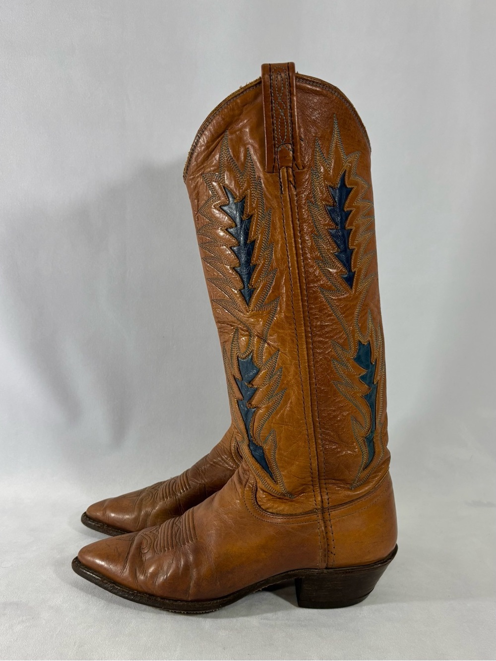 Vintage Dan Post Cowboy Boots RARE Leather Blue Inlay Western Embroidered 7.5M
